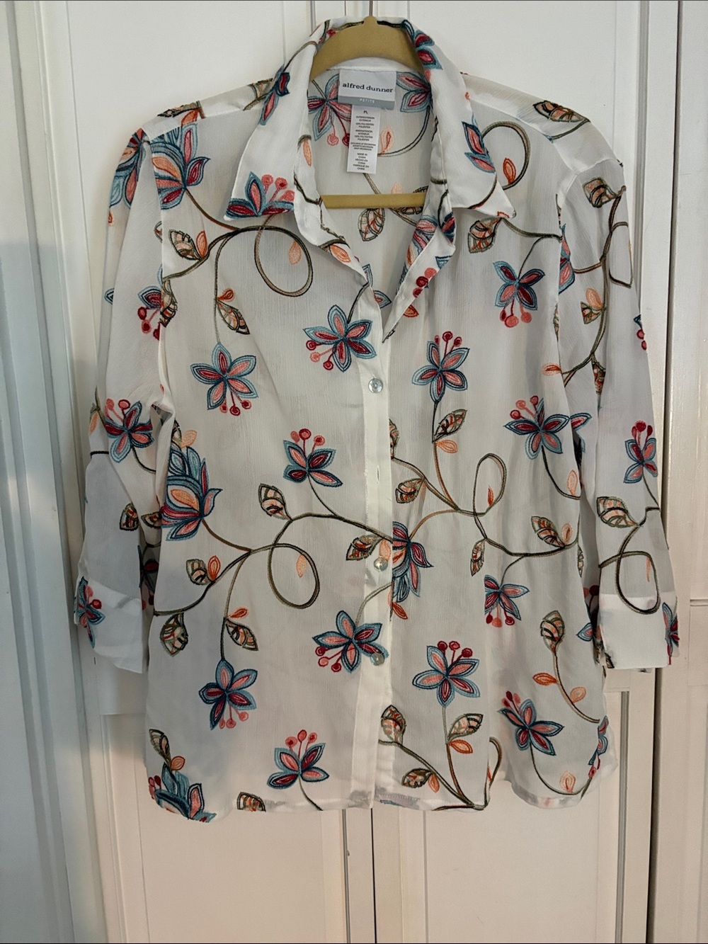 Alfred Dunner White Floral Button-Down Shirt with Multicolor Embroidery